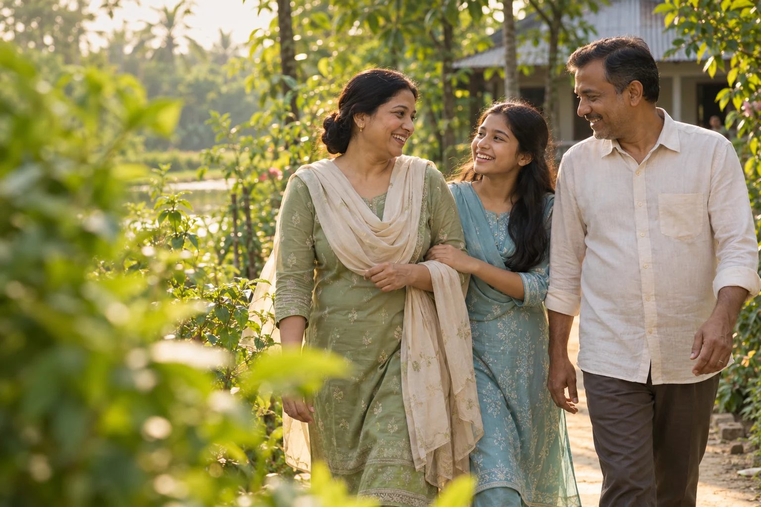 A Bangladeshi couple and their teenage daughter sharing a warm moment on a sunlit garden walk.