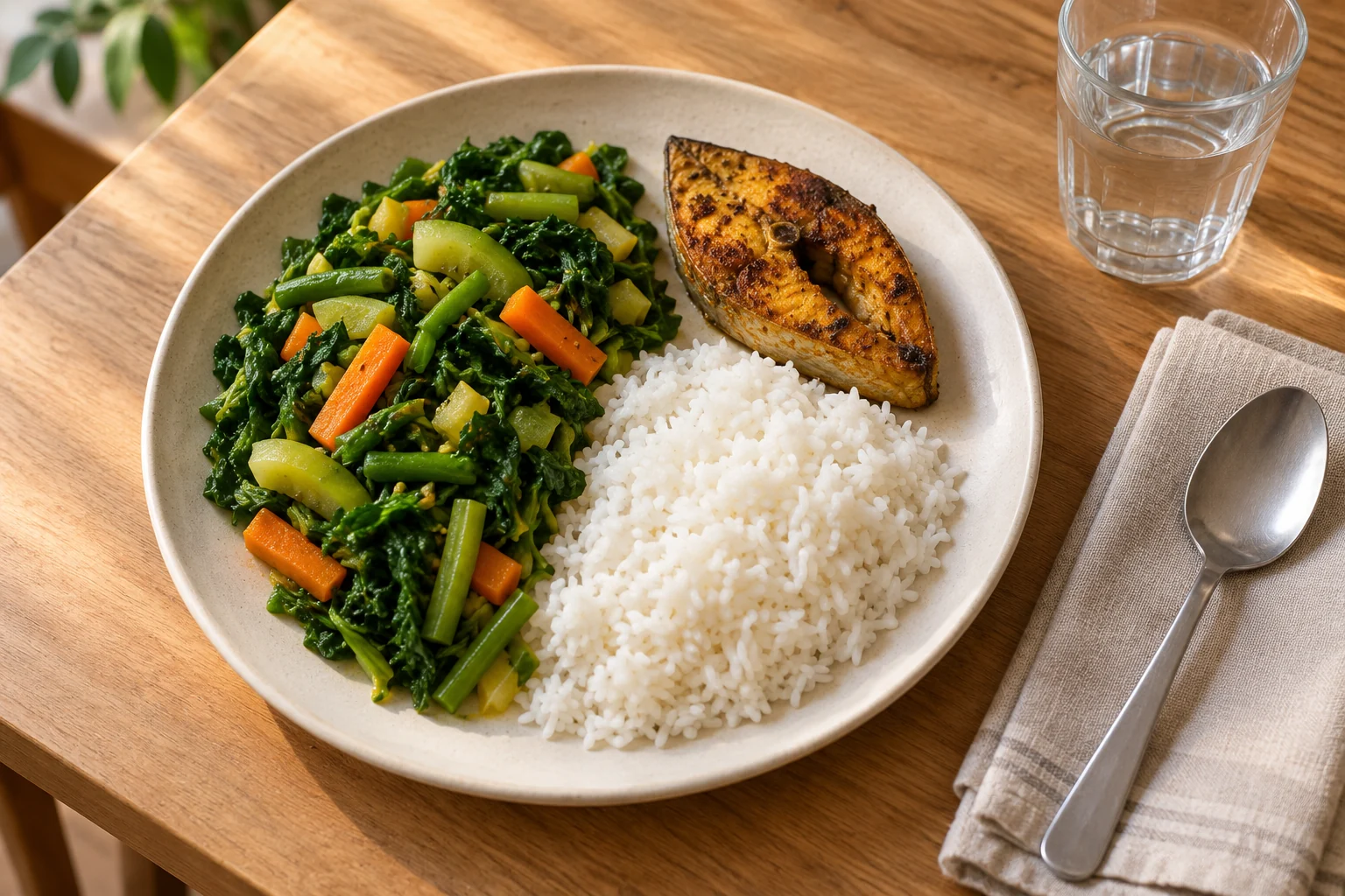 An illustrative Bangladeshi meal with vegetables, fish and a modest serving of rice, beside a glass of water.